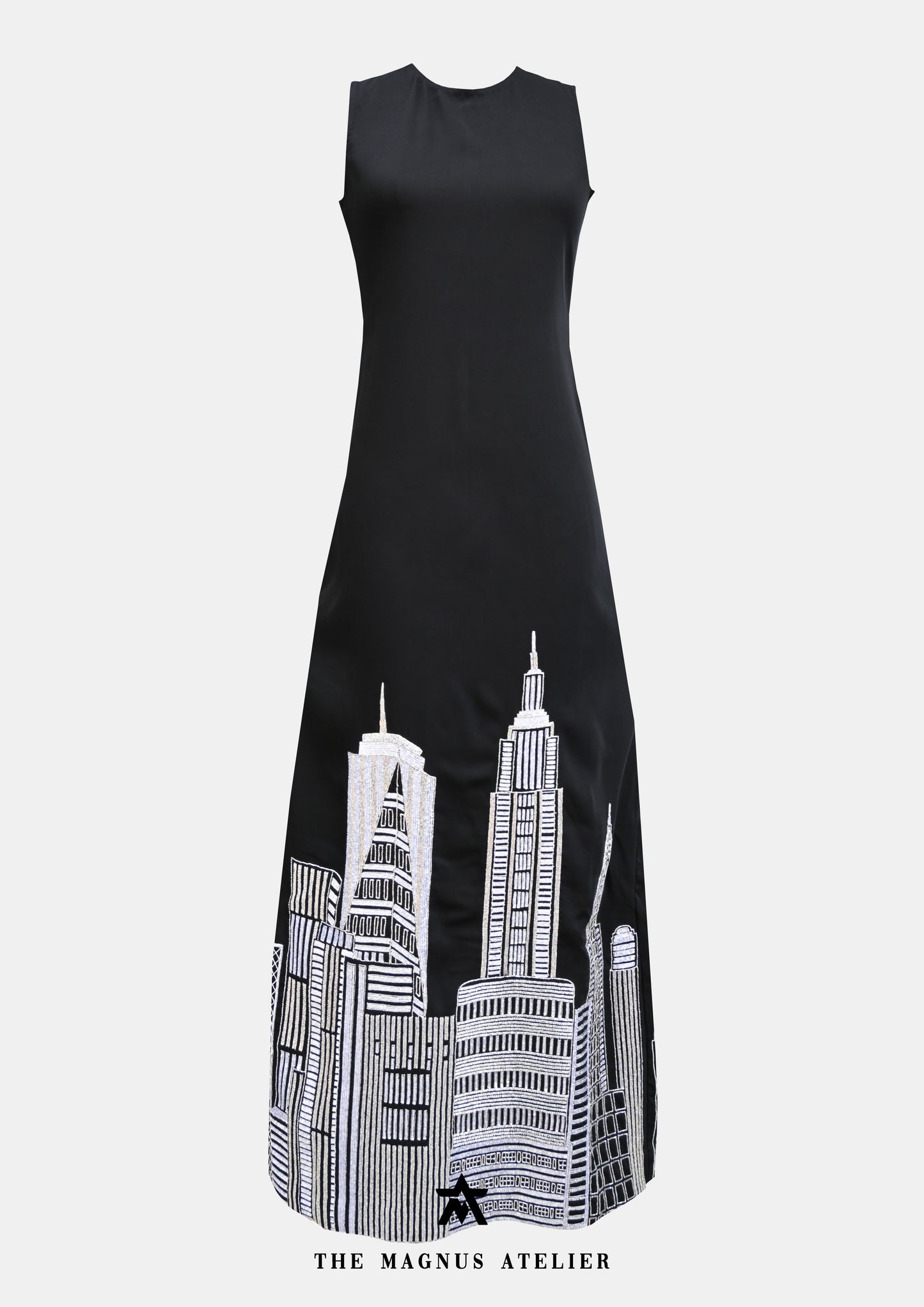 Black hand-embroidered New York skyscraper themeinspired one piece dress