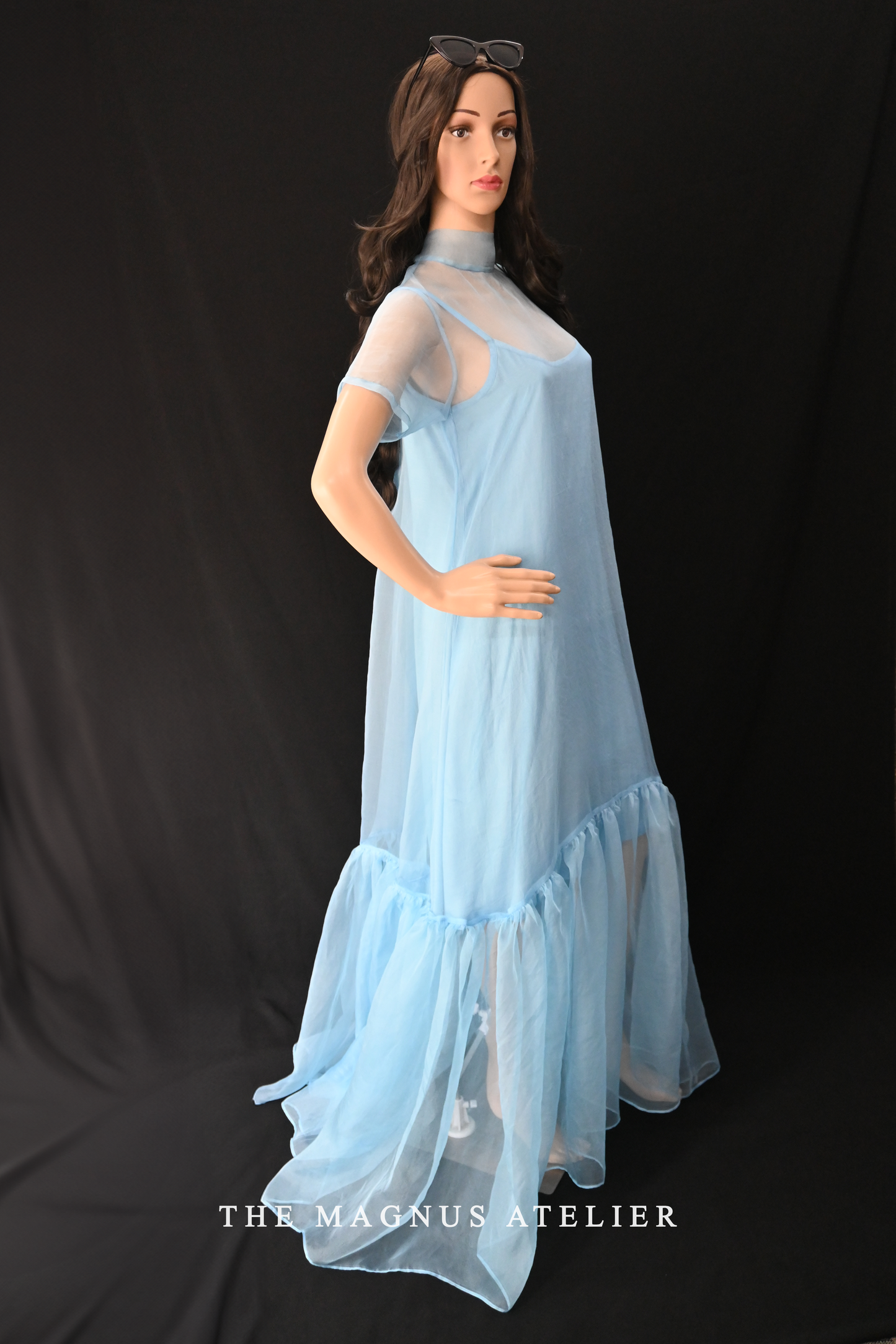 Ethereal Sheer Blue Organza Dress – Layered Transparent Long Dress for Women