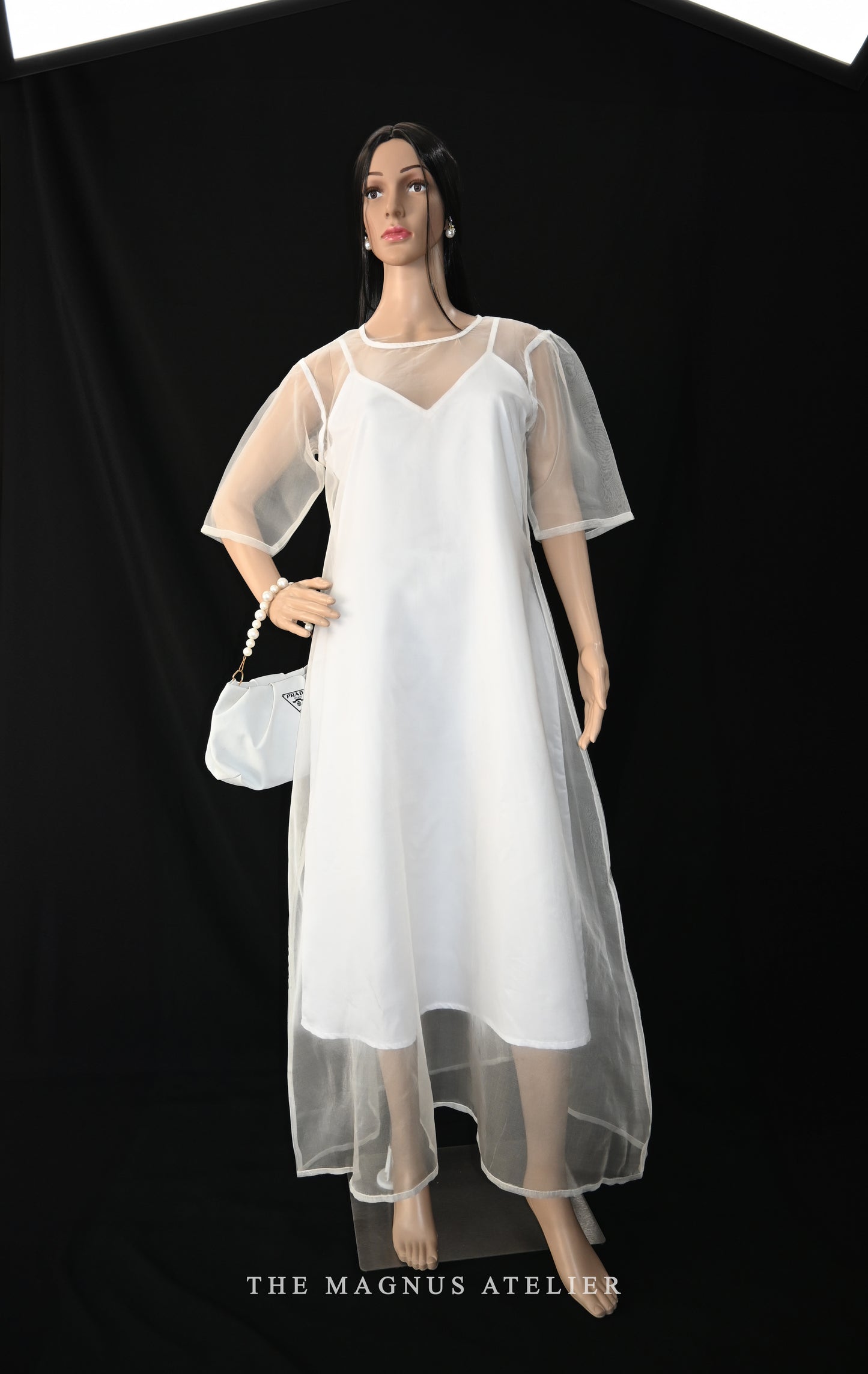 White A-line dress with sheer layering