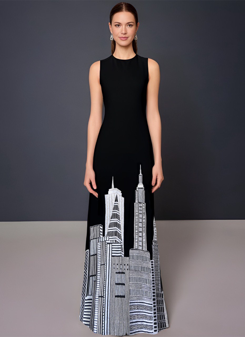 Black hand-embroidered New York skyscraper inspired one piece dress for wedding and special events
