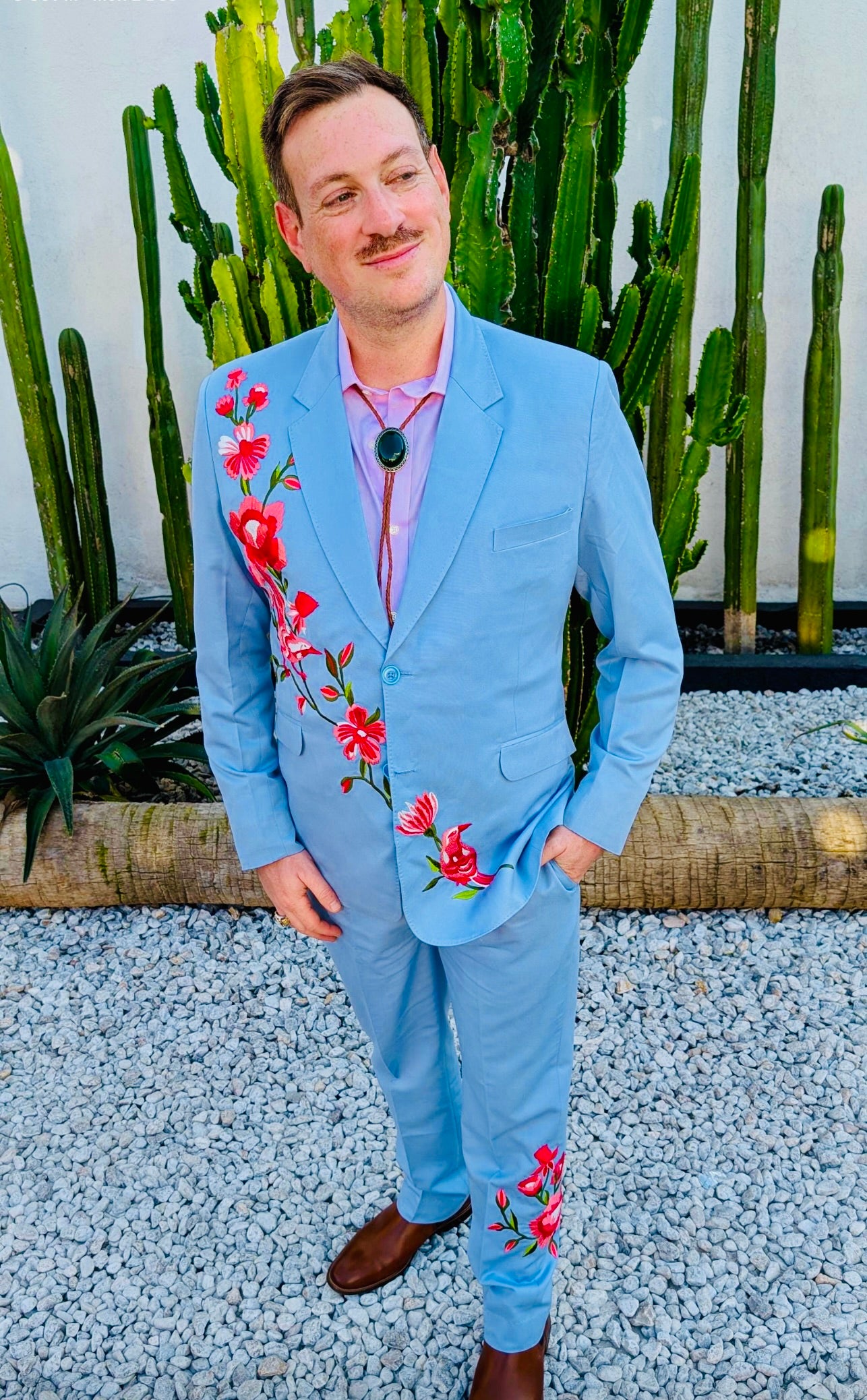 client wear custom blue floral bird embroidered suit for wedding