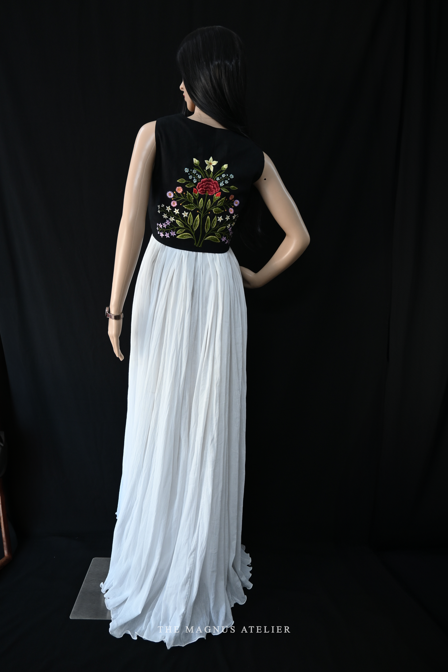 embroidered jacket back motif with white dress back flare