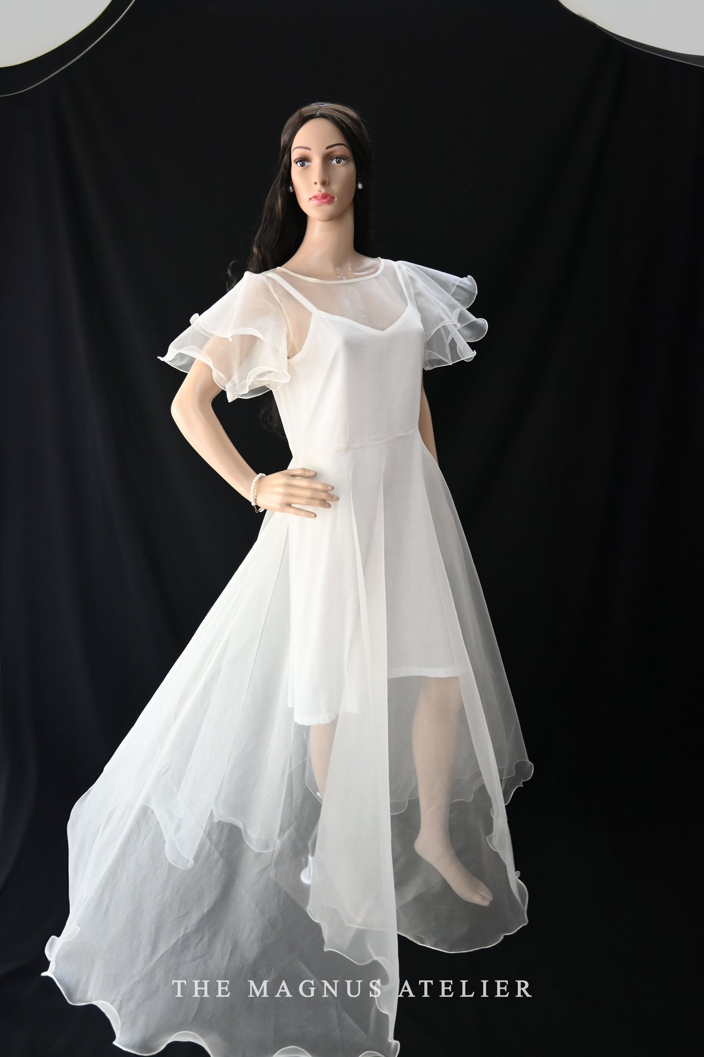 sheer fairy white ethereal organza dress with full circular flounce