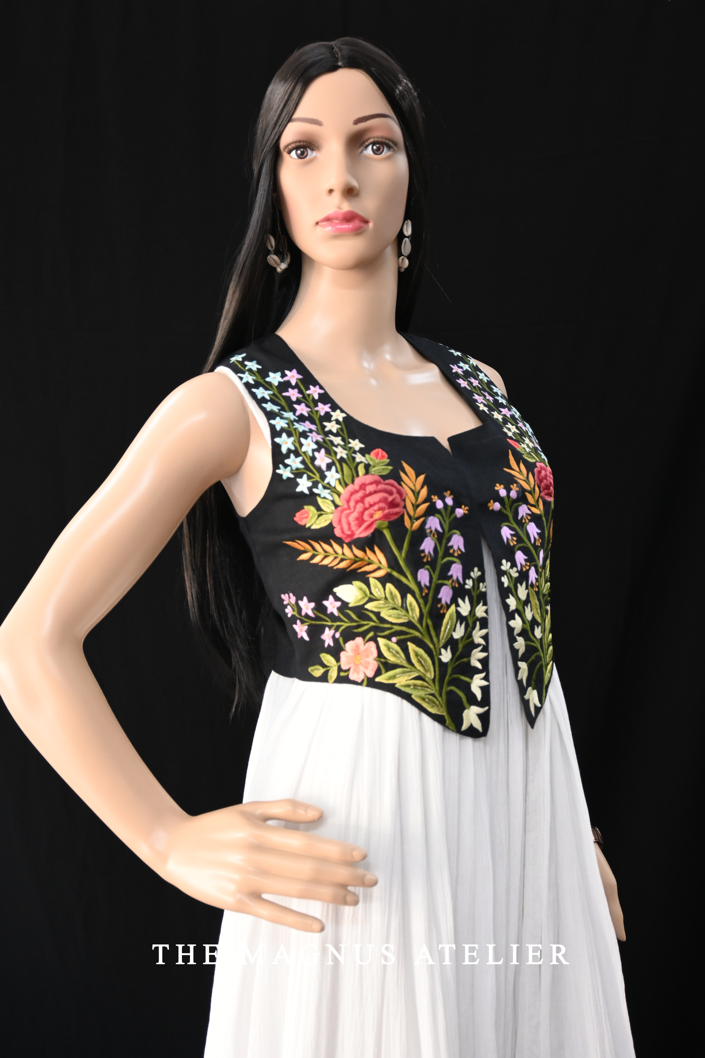 white dress with black embroidered linen jacket set for beech looks