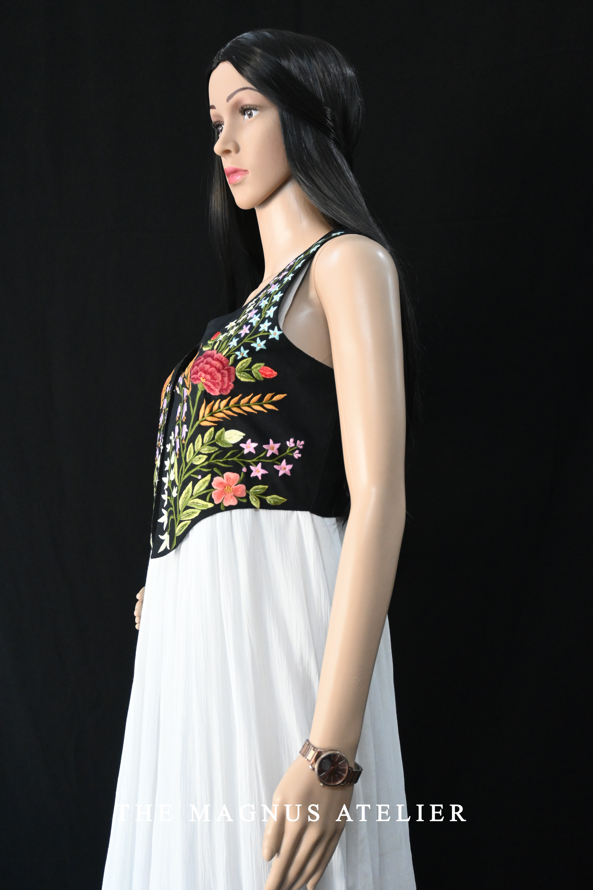 women's designer maxi dress in white with black embroidered jacket


