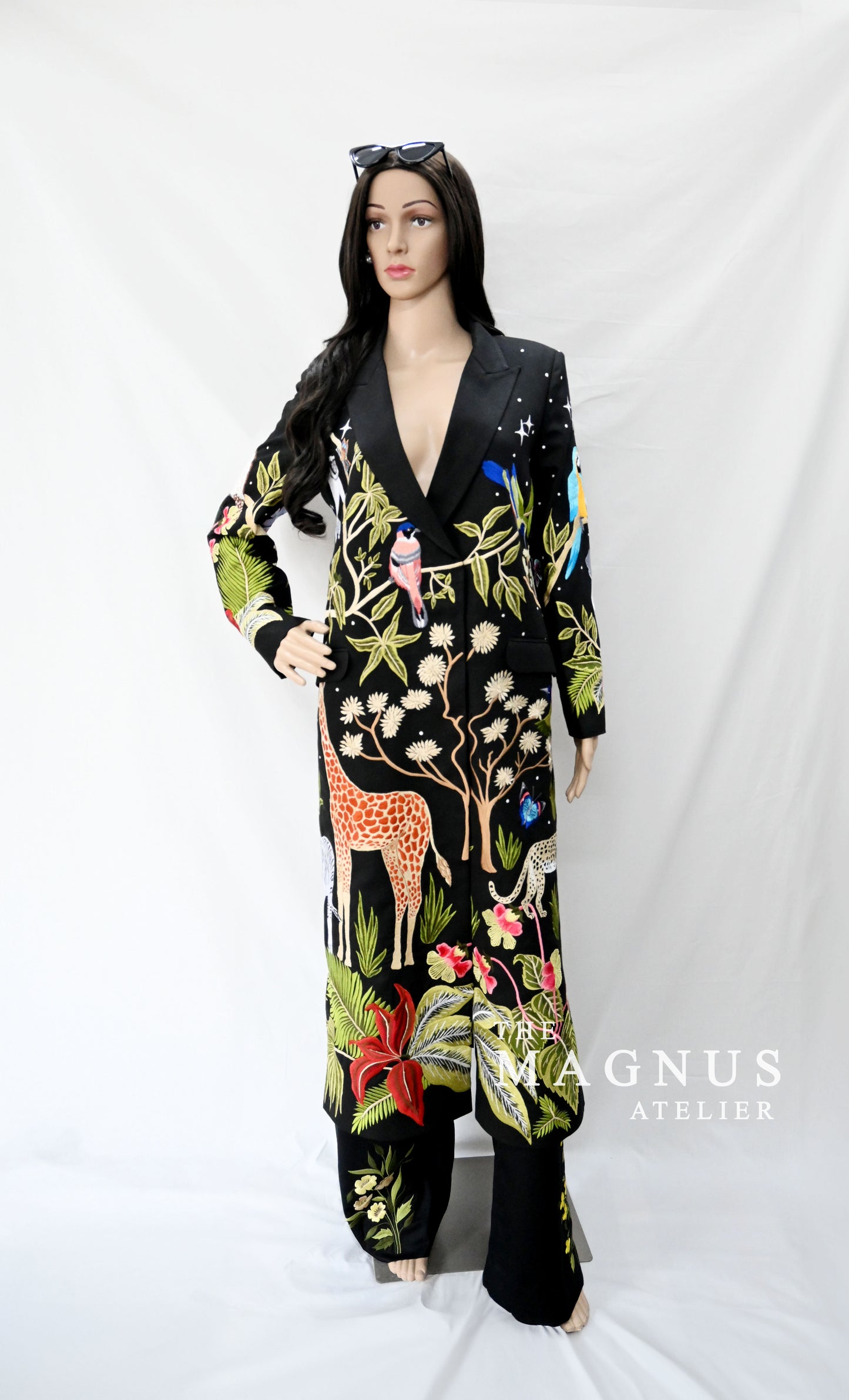 Black embroidered women's blazer set with jungle theme, featuring giraffe, birds, florals – front view