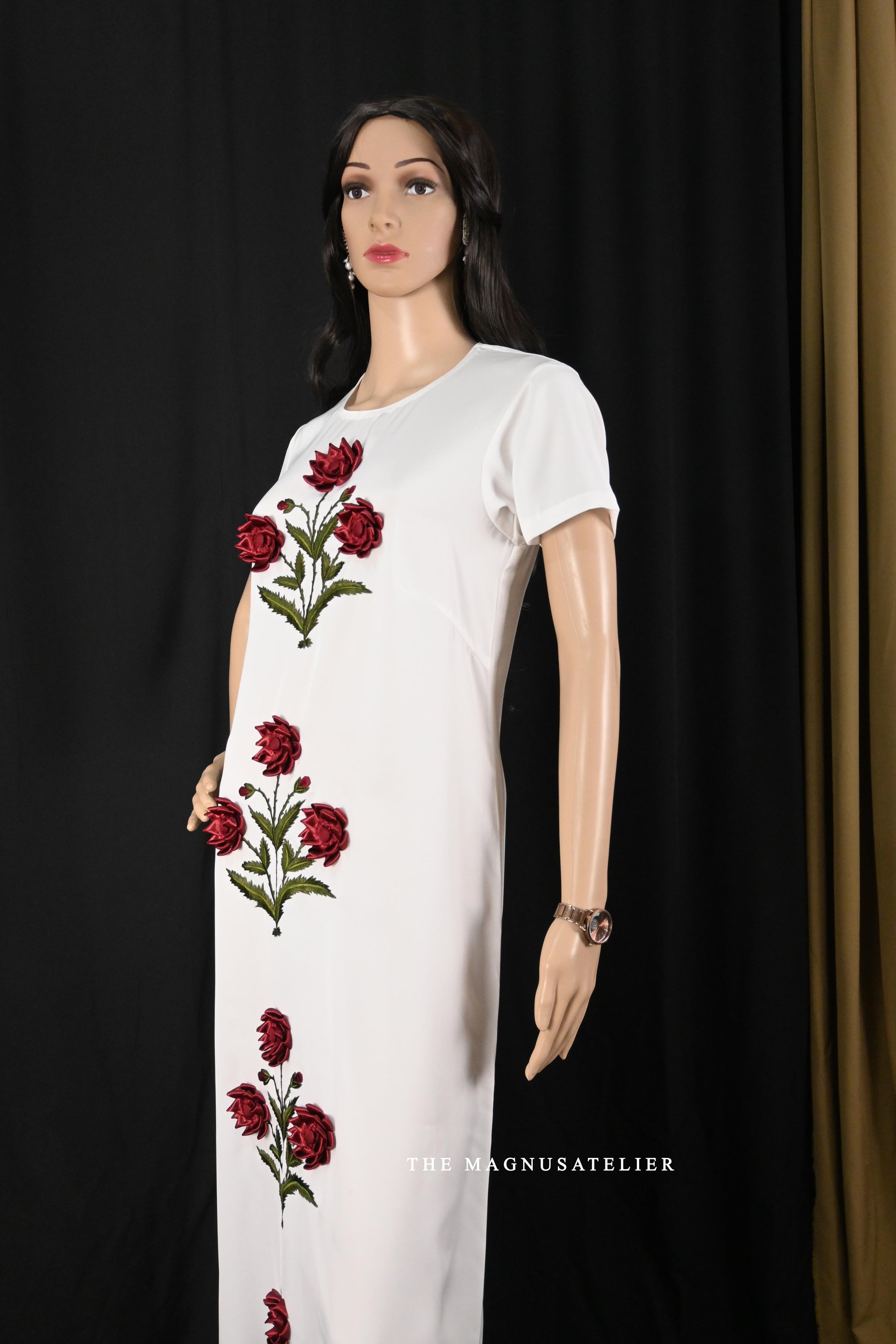 Modest formal white dress with rose details