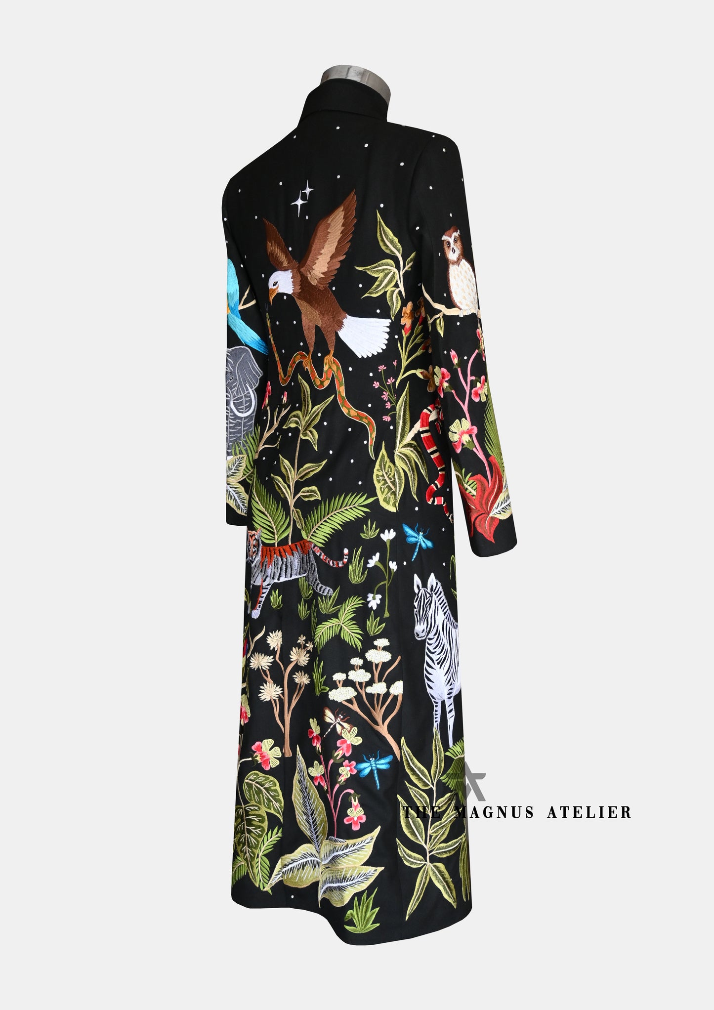 back side view of jungle theme inspired long coat
