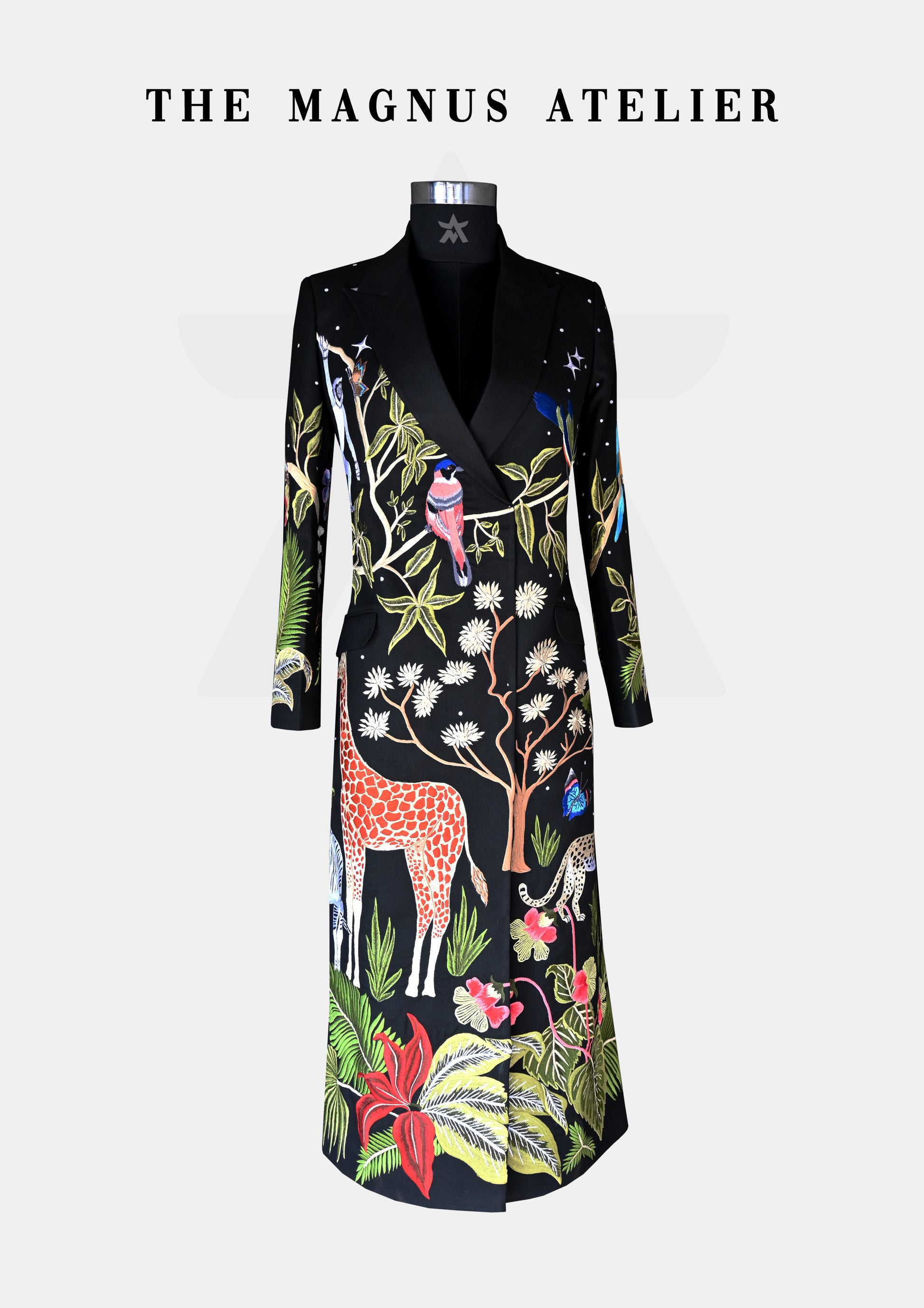 black fully embroidered long coat front view