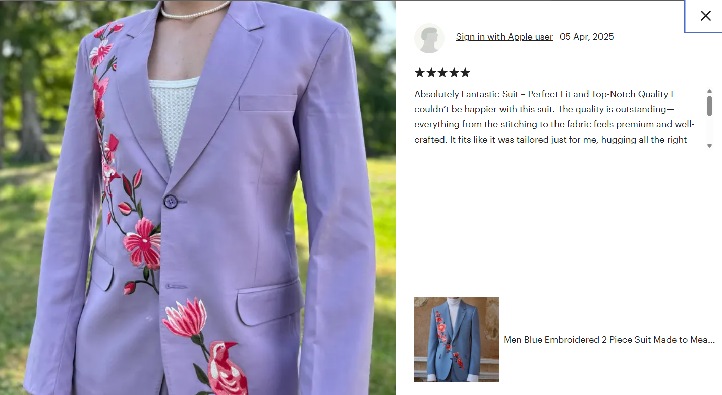 client review on custom embroidered suit 