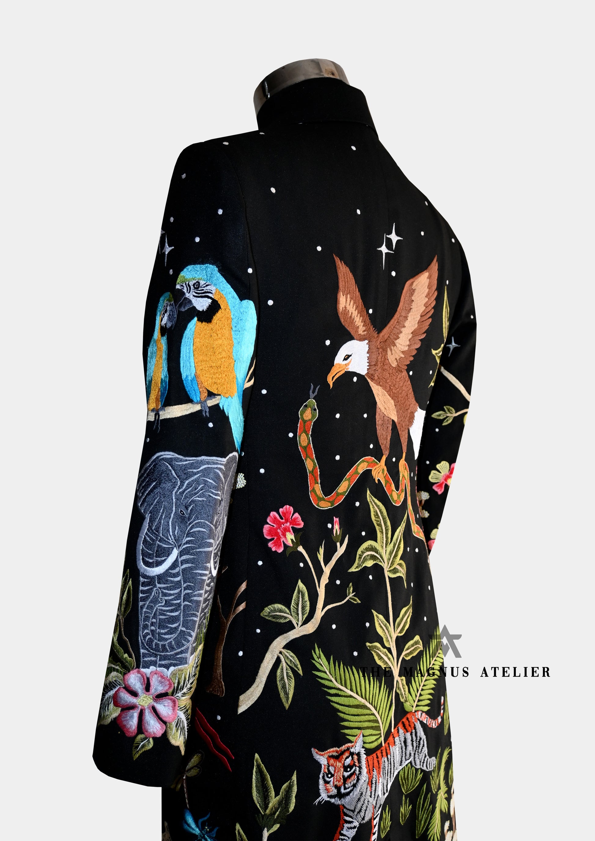eagle, snake, elephant, birds and tiger close up detailed image of jungle theme inspired coat back view
