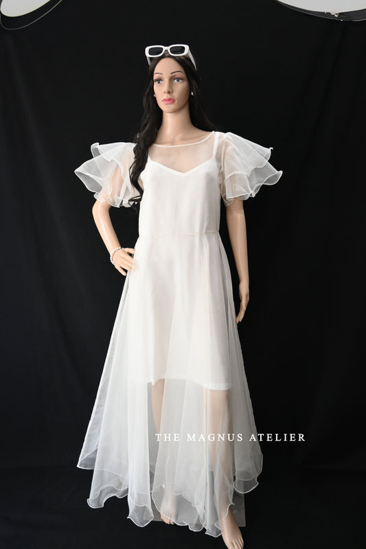 elegant white sheer organza dress for wedding with layered sleves design