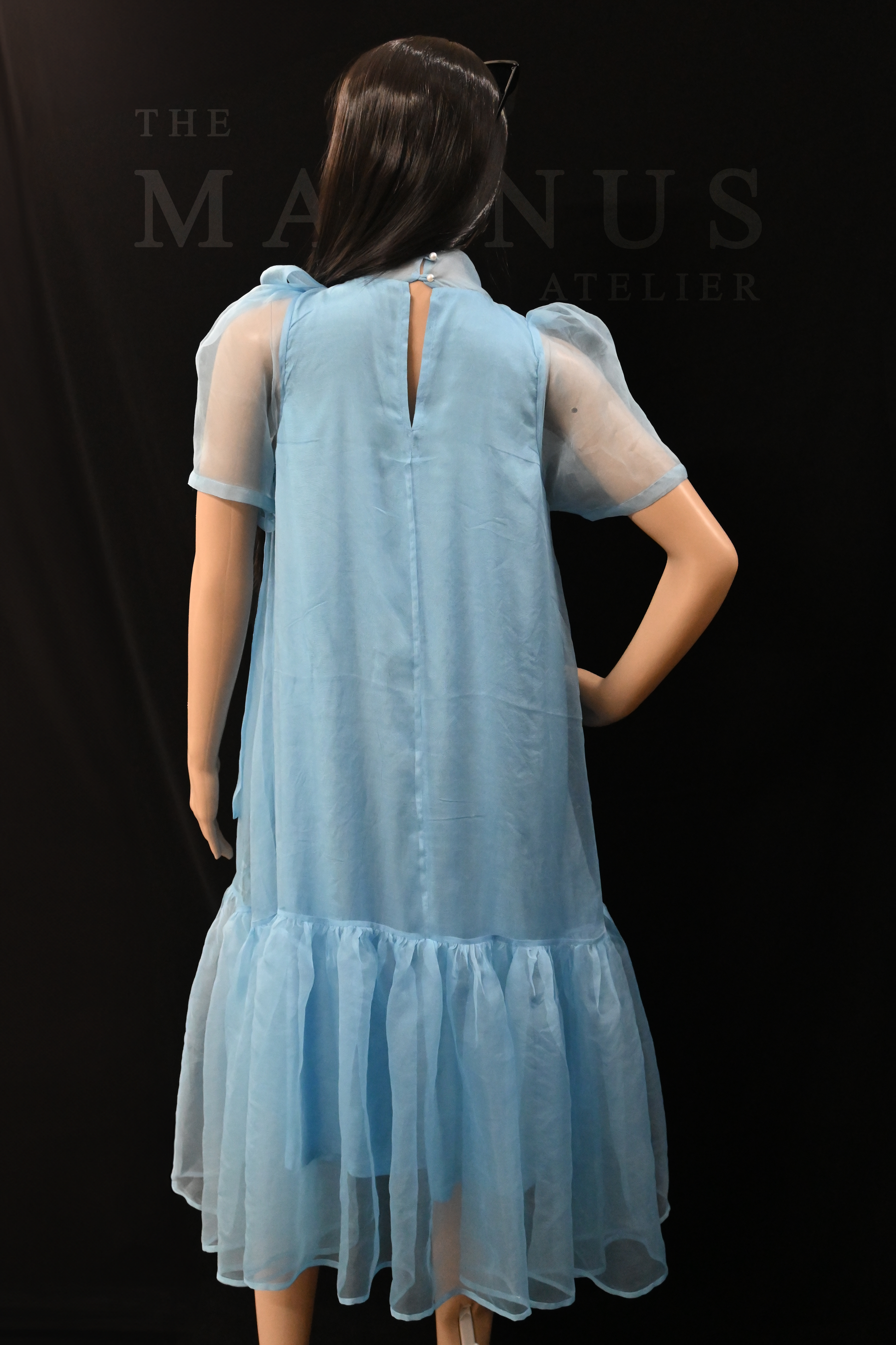 Lightweight sheer blue organza dress with puff sleeves, a long bow necktie, and a ruffled hem. Perfect for styling, vacations, and creative fashion layering.